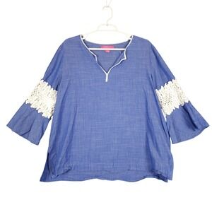 Lilly Pulitzer Blue Chambray Lace Trimmed Bell Sleeve Tunic Top Size L